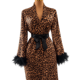 The Muse | Long Leopard 2 in 1 Satin Feather Robe